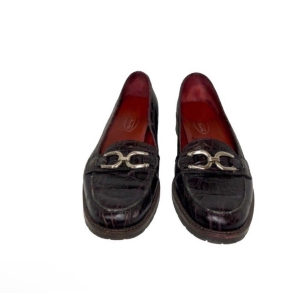 Talbots Size 7.5B Croc Embossed Leather Chunky heel Loafers Brown Made In Brazil